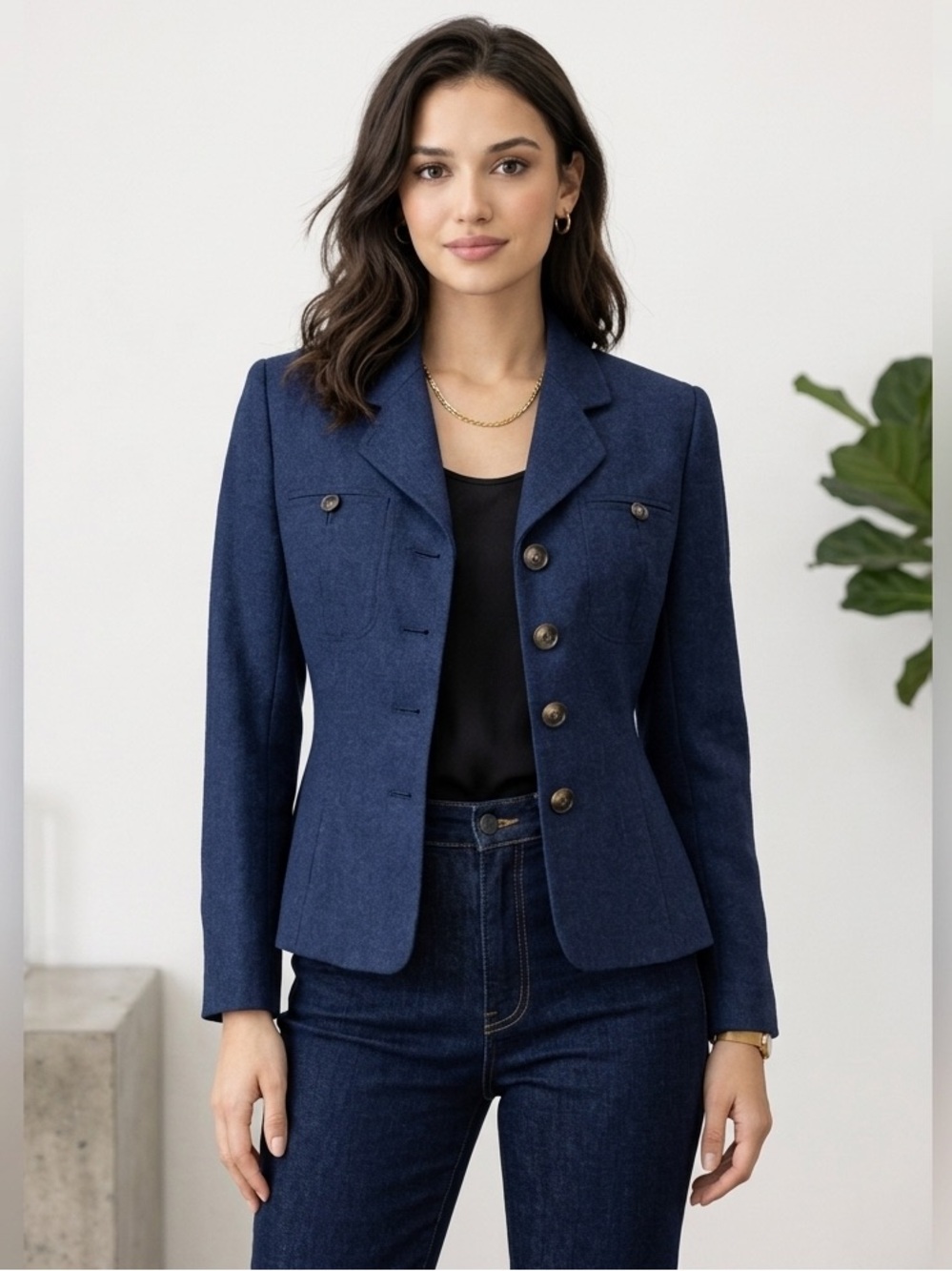 Elegant Vintage Navy Tailored Blazer Fitted Structured Jacket Petite Size SP
